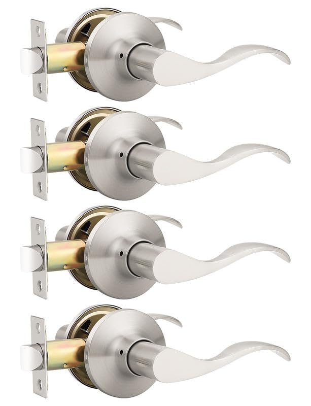 Image of Mengico 4 Pack Satin Nickel Modern Interior Passage Door Knobs, Keyless Door Handle for Hallway & Closet, Wave Style Non-Locking Door Lever Reversible for Left & Right Handed