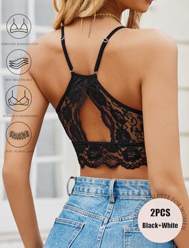 Image of Avidlove 2Pcs Lace Camisoles for Women High Neck Bralettes Racerback Adjustable Crop Top Lingerie
