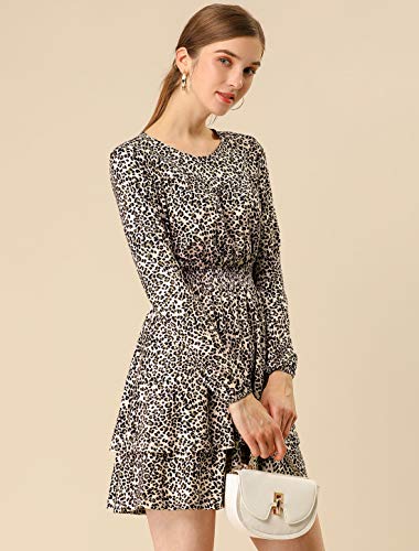 Allegra K Women's Leopard Print Long Sleeve Smock Layered Ruffle Hem Dress Pink S (US 6)