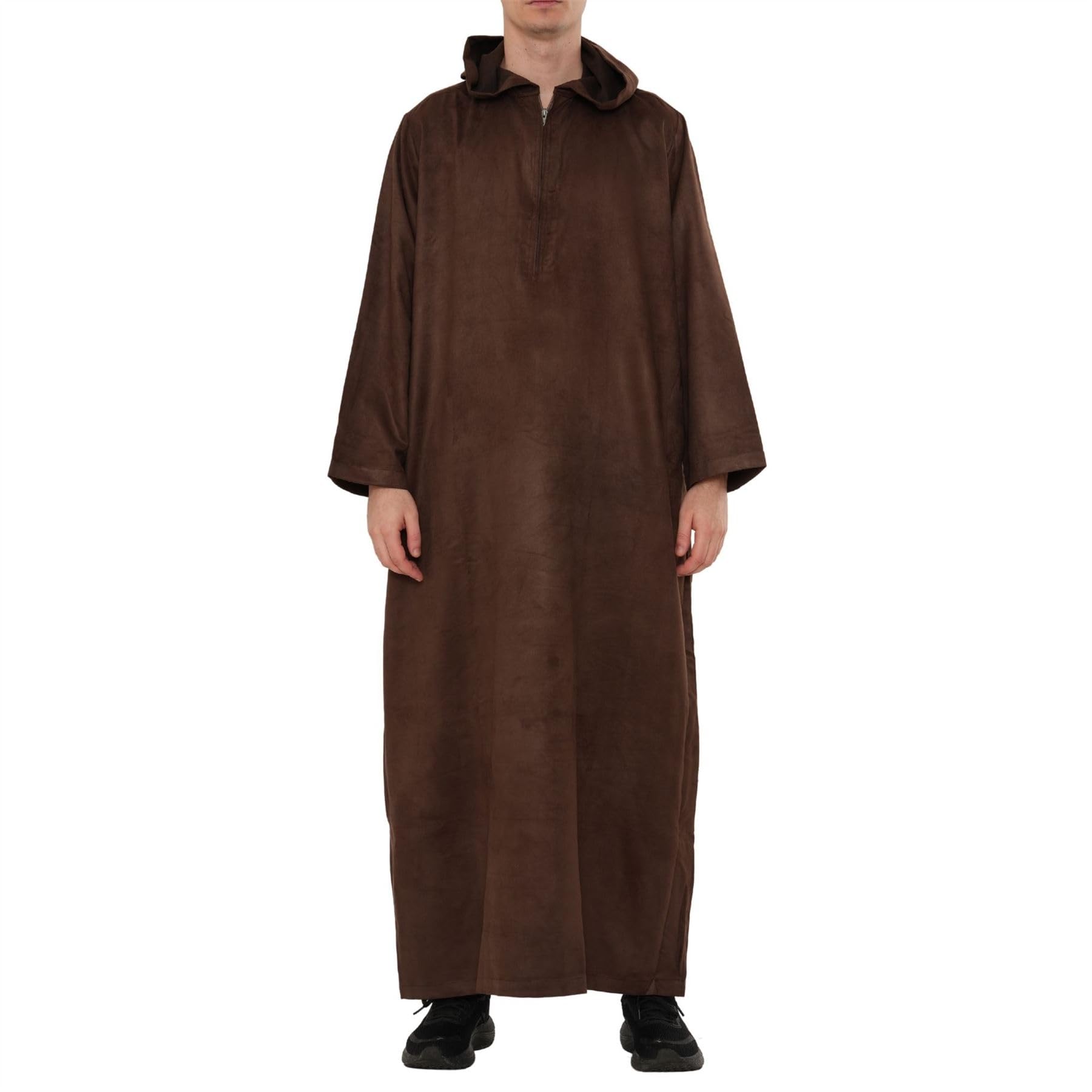 Thobez Men's Brown Hooded Suede Thobe Emirati Omani Zipped Jubba Islamic Clothing Kaftan Eid Robe - 54