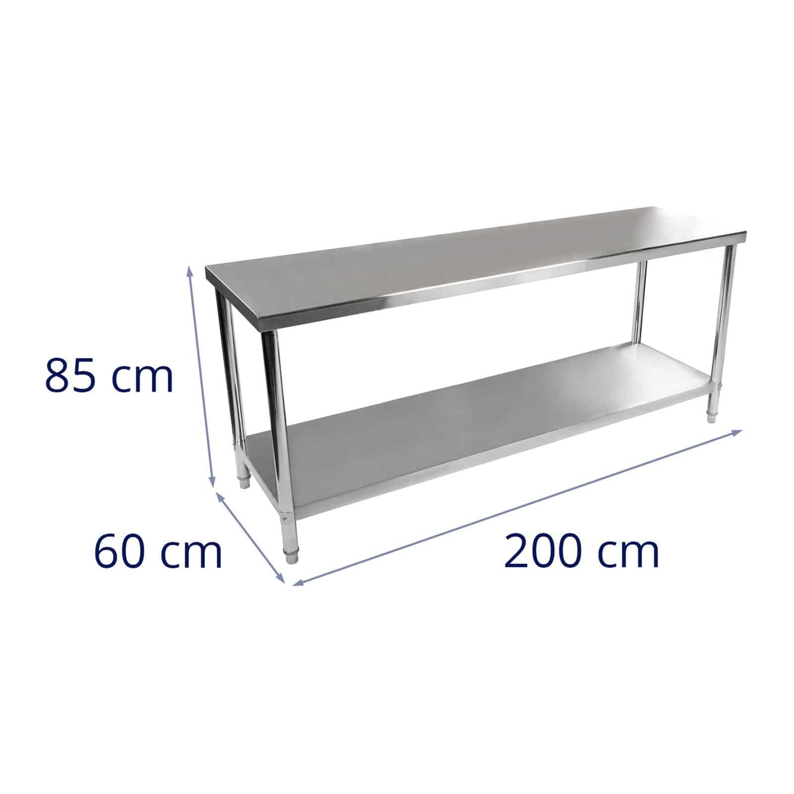 Royal Catering RCAT-200/60 Tavolo da Lavoro Piano di Lavoro per Cucina (200 x 60 cm, Carico max. 400kg, lastra HDF, Piedini regolabili, Acciaio inox)