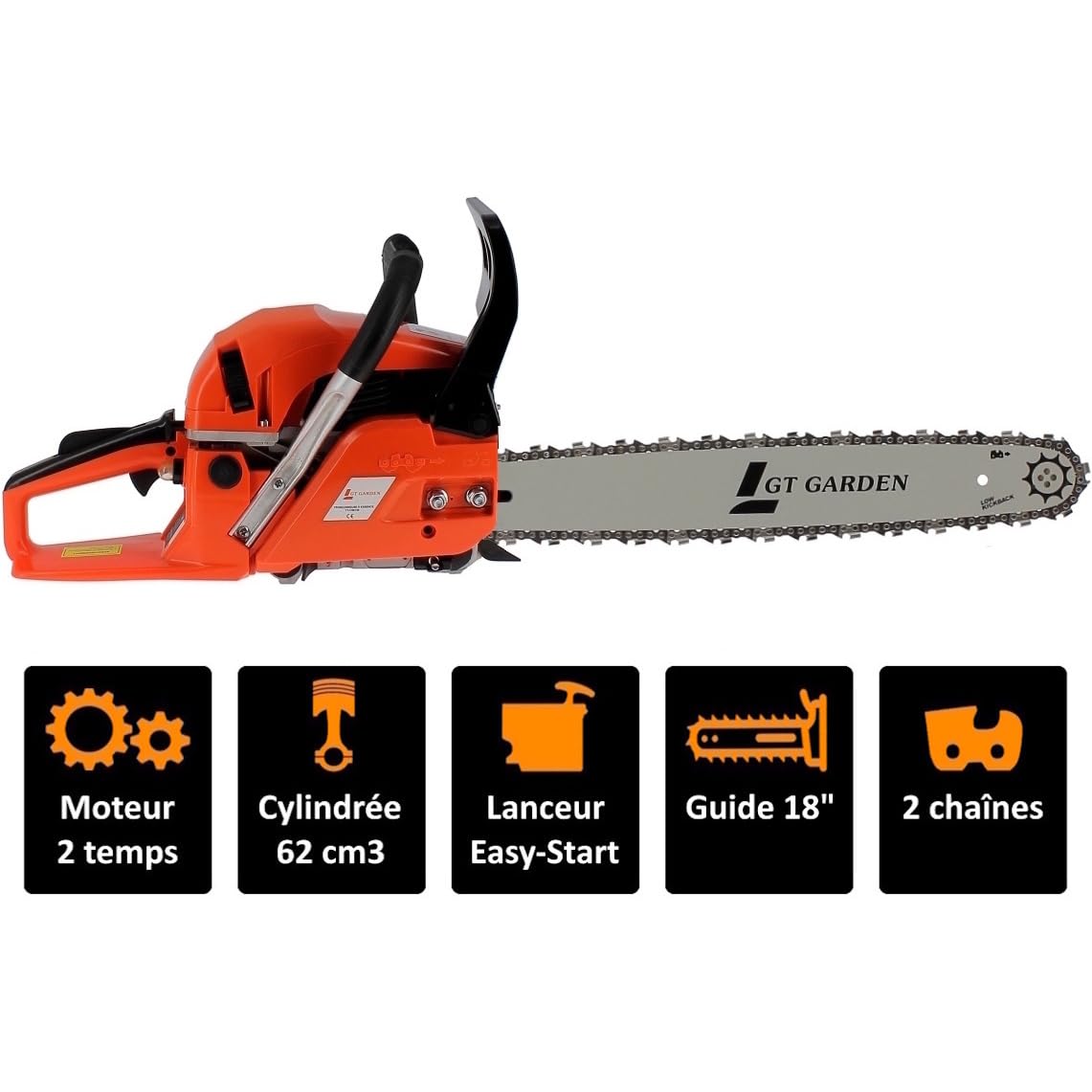 GT Garden Tronçonneuse Thermique 62 cm3, 3.5 CV, Guide 45 cm, 2 chaînes
