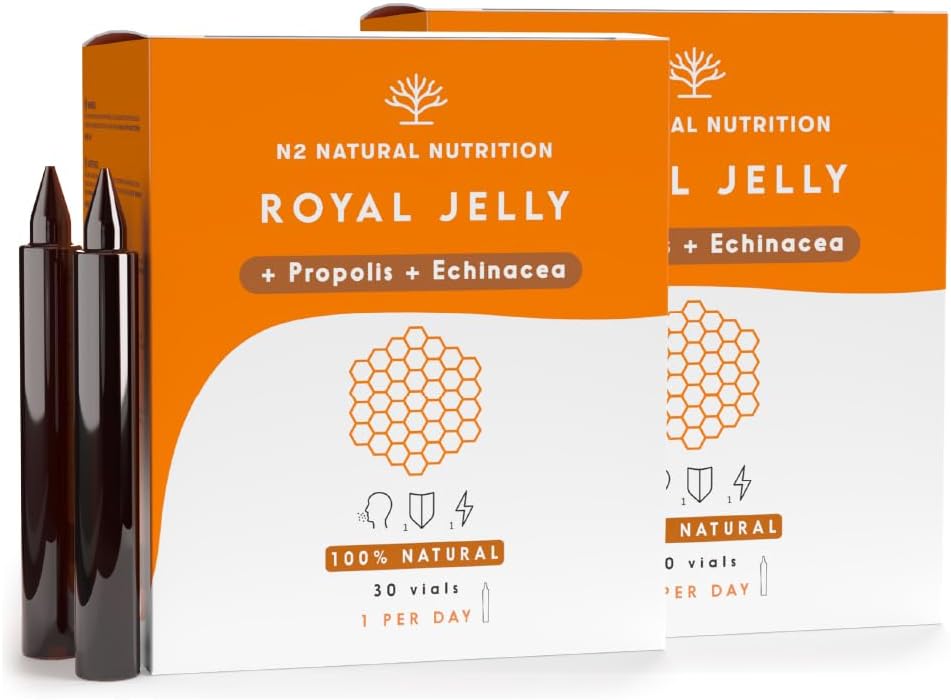 Jalea Real con Propóleo, Vitamina C y Equinacea 2000mg. Suministro 60 Días. Para Adultos y Niños. Vitaminas para el Cansancio. Refuerza el Organismo y el Sistema Inmunologico. N2 Natural Nutrition