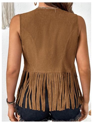 MakeMeChic Women's Plus Size Cowboy Chic Western Outfit Open Front Suede Fringe Vest Tassel Jacket Tops2