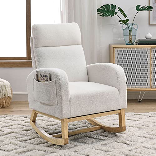 Krinana Nursery Rocking Chair With Solid Wood Legs, Glider Chair For Nursery With Two Side Pockets, Rocker Armchair For Living Room Bedroom (White, Teddy Fabric) #TOP2