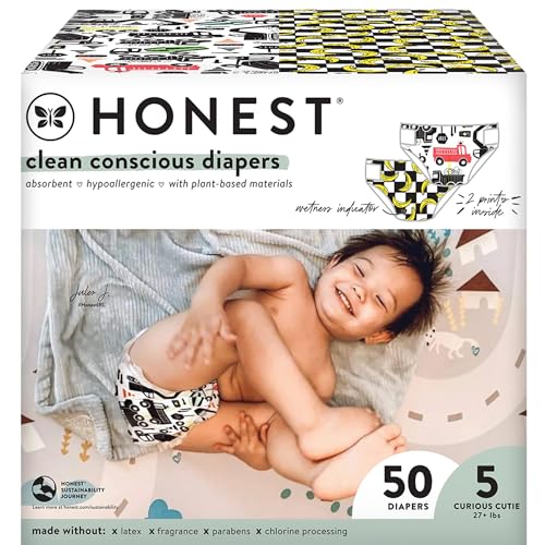 Image of The Honest Company Clean Conscious Diapers | Plant-Based, Sustainable | Big Trucks + So Bananas | Club Box, Size 5 (27+ lbs), 50 Count