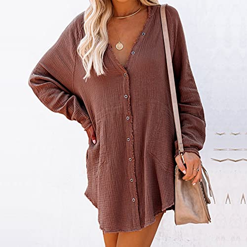 Briskorry Dames onregelmatige oversized blousejurk katoen casual vintage shirt met lange mouwen knoopsluiting herfst blousetops longshirt los vrije tijd bovenstuk hemd T-shirt - Image 5