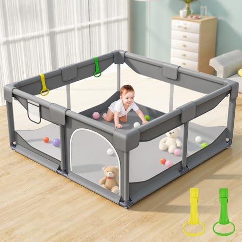 Sarr Klith Baby Playpen, Play Pen for Babies Toddlers Infants with Padded Corner Protection, Anti-Slip Stable Structure, Breathable Mesh, Tool-Free Assembly, 124x124cm Grey