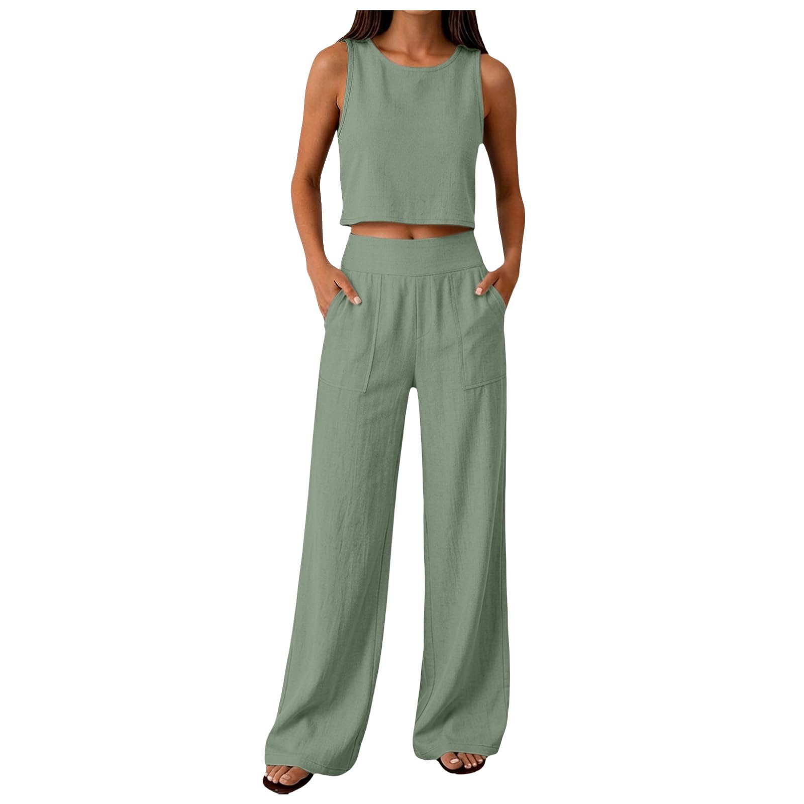 Generico Completo Estivo Donna Lino Senza Maniche Completo Donna Elegante Cerimonia Completi Elegante Set Due Pezzi Estivo Lungo Morbido Tute Eleganti a Gamba Larga Tinta Unita Tuta Cerimonia