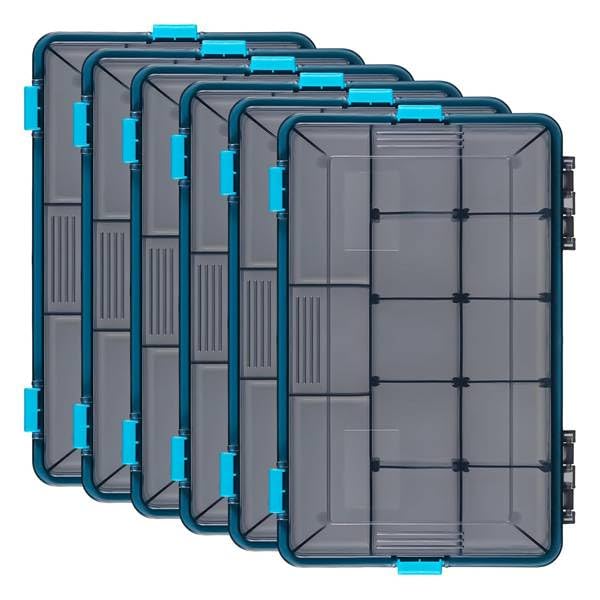6 Pack Waterproof Fishing Tackle Boxes 3600 Tackle Trays with Removable Dividers, Plastic Storage Organizer