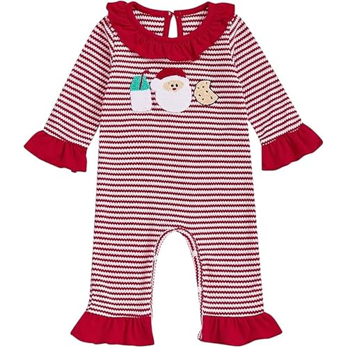 Newborn Baby Girl Clothes Christmas Santa Embroidery One Piece Stipe Romper Long Sleeve Flared Jumpsuit Fall Winter