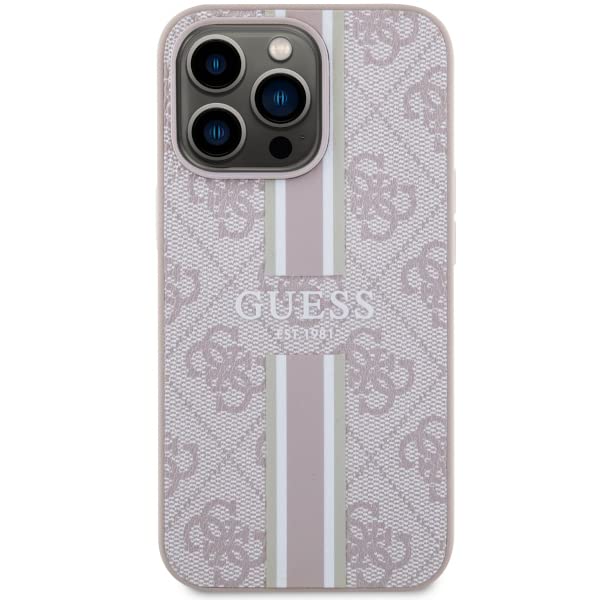 GUESS Custodia Rigida Per IPhone 13 Pro Max - Rosa, Con Strisce 4G E Pelle Ecologica, Compatibile MagSafe - 6