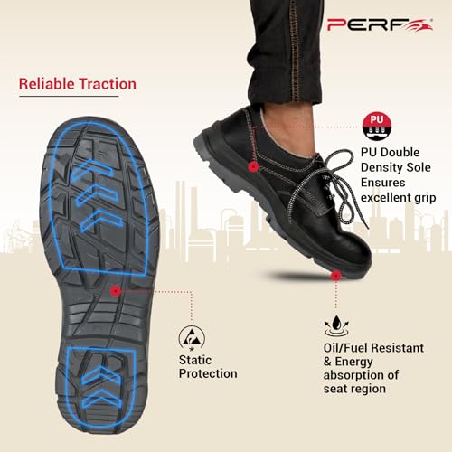 Image of PERF HERMES Safety Shoe - Premium Steel Toe Work Boots with Breathable Leather, Anti-Slip Sole, and Antibacterial Lining for Industrial and Construction Safety