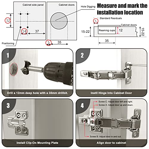 Cabinet Hinges,1 Pair 175 Degree Hinges, Concealed Hydraulic Adjustable Mounting Hinges Soft Close Cabinet Hinges Nickel-Plated Steel Buffer Dampers For Wardrobe, Cupboard, Folded Door (Full Overlay) #TOP6