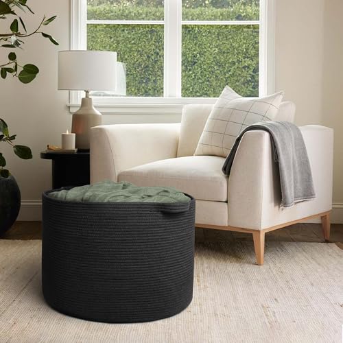 Image of MEGASKET 115L Super Large Black Blanket Basket, 23.6 inchx15.7 inch Woven Rope Bin for Storage, Oversized Kids Dog Toy Storage Box Bins, XXXL Blanket Holder for Living Room, Jumbo Wicker Basket for Organizing