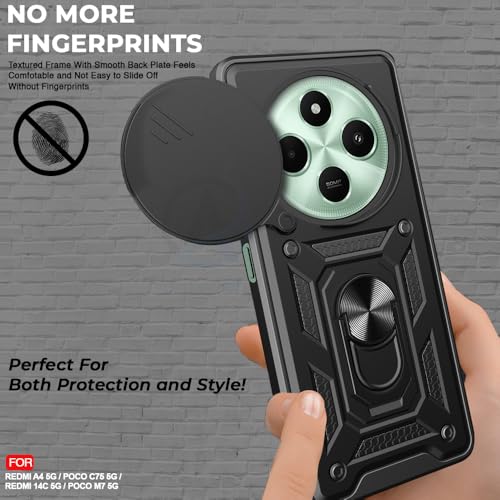 Image of AESTMO Tough Armor Compatible with Redmi A4 / Redmi 14C 5G / Poco C75 5G / Poco M7 5G Bumper Back Case Cover | Ring Holder & Sliding Camera Shield Cover | 360 Degree Protection Back Case Cover (Black)