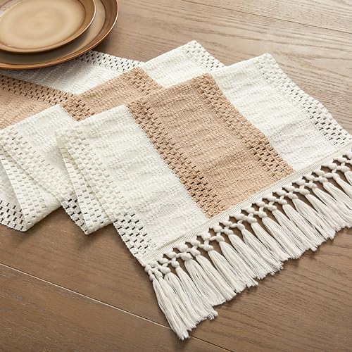 Image of ZeeMart Macrame Style Bicolor Stitching Table Runner, 14 x 48 Inch Beige /Ivory, Boho Light Tan Table Runners 48 Inches Long, Farmhouse Woven Home Decor