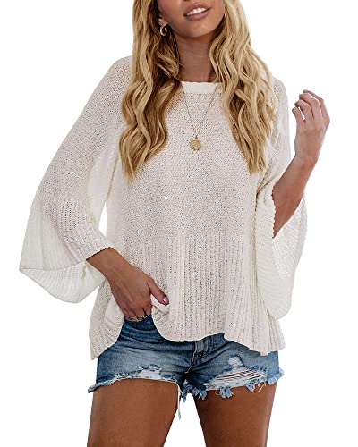 Tutorutor Women's Bell Sleeve Ruffle Pullover Sweater Tops Lightweight Loose Fit Knitted Summer Flowy Blouse Shirts White #TOP5