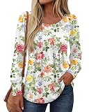Ficerd Women's Puff Long Sleeve Boho Tunic Tops Pleated Crew Neck Flowy Blouses Dressy Casual Loose Fit Spring Shirts(X-Large,Red Yellow Floral)