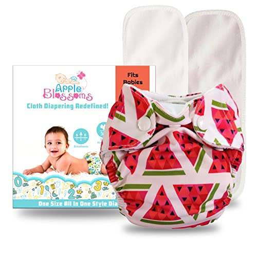 Apple Blossoms Reusable Cloth diaper | New Born babies to 3M | CPSIA Certified 300+wash|Washable & Adjustable Snap Button | pack includes 1 Diaper with 2 organic Bamboo cotton inserts