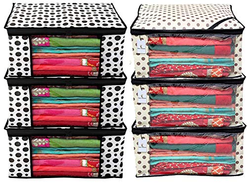 Image of Kuber Industries Polka Dot Design 6 Piece Non Woven Fabric Saree Cover Set with Transparent Window, Extra Large, Cream & White -CTKTC40855, Standard