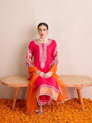 Image of INDO ERA Women's Silk Blend Embroidered Straight Kurta Pant with Dupatta