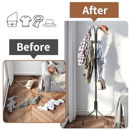 FILWH Coat Rack Freestanding Coat Tree Standing Coat and Hat Hanger Jacket Organizer Rack Metal,18.3" L x 18.3" W x 71.5" H, Black - Thumbnail 4