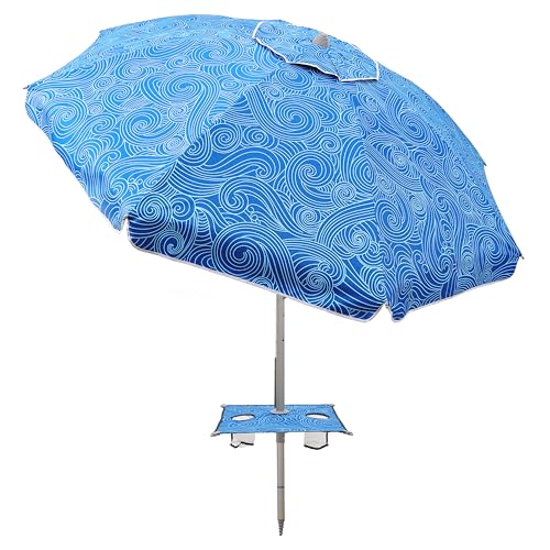 Jihfmo 7ft Beach Umbrella with Built-in Table Tray UPF 50+ beach umbrellas for sand heavy duty wind portable, Windproof Outdoor Shade Umbrella for Patio Garden (Surging Waves)