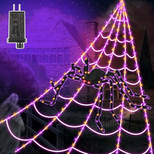 Giant Spider Webs Halloween Decorations - 250 LEDs Outdoor Halloween Decor Lights,16.4FT Net, 4Ft Light-up Spider, 8 Modes,Waterproof & Timer for Yard Porch Garden,Outside Costumes Party (with Spider)