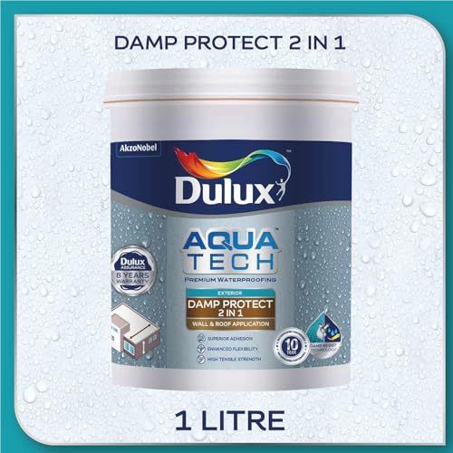 Image of Dulux Aquatech DampProtect 2-in-1 Basecoat - Heat Resistance Paint for Summer Cool Roof, Exterior Waterproofing for Walls & Terrace Roof, Crack Bridging, 10C Cooling, 8 Yr Warranty - 1 L