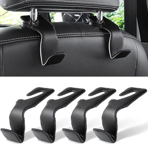 Image of LivTee Headrest Hook for Car, Back Seat Organizer Black Leather Hanger Holder Hook, Interior Car Accessories for Hanging Purses Bags Coats, 4 Pack