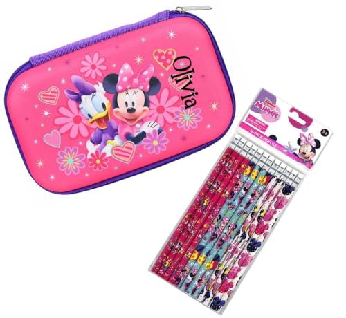 Estojo de lápis – Caixa de lápis personalizada Minnie e Daisy – Conjunto infantil de volta às aulas – Lápis de escrita com borracha e suporte com zíper