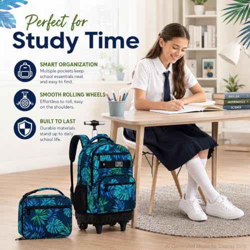 Image of 3Pcs Rolling Backpack for Boys Men, Travel Roller Backpacks with Wheels for Adults, Teens College Leaf Wheeled Bookbag with Lunch Box(Green)