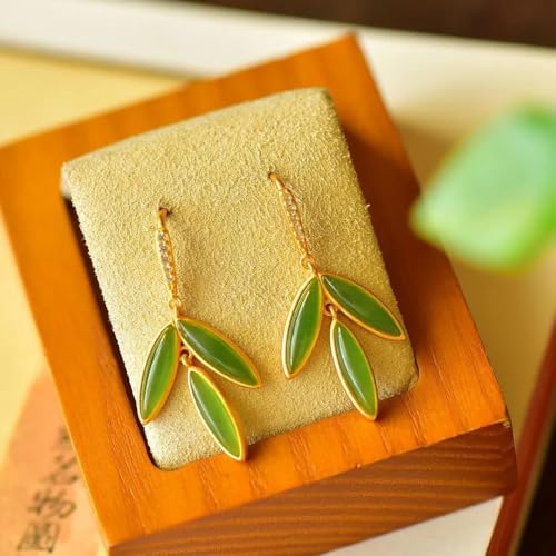 Pendientes de botón de plata S925, jade verde y hojas de bambú 5
