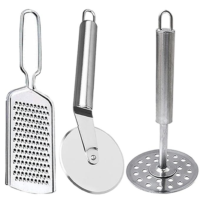 Oc9 Stainless Steel Cheese Grater/Slicer & Potato Masher/Pav Bhaji Masher & Pizza Cutter/Slicer for Kitchen Silver (Pack of 3)