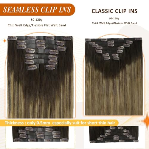 Image of Full Shine Seamless Hair Extensions Clip in, Balayage Brown to Blonde 14 inch | 120g 8 Pcs, Invisible Ultra-Thin PU Weft, Remy Human Hair, Natural Fullness, Easy to Apply, Everyday Styling, Formal Event