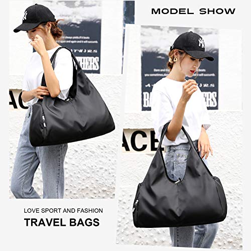 PlasMaller Carry On Travel Duffle Bag Packable Luggage Travelling Gear Sports Gym Bags Lightweight Tote Shoulder Pack, Black