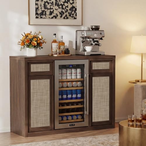 Brafab Rattan Coffee Bar Cabinet with Mini Fridge Space, Wine Cabinet Bar w/2 Drawers for Storage, Adjustable Shelve Sideboard Buffet Table w/Charger Station, Soild Wood Handle, Wine Glasses Holder