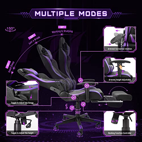 Gaming Chair High Back Ergonomic Computer Racing Chair Adjustable Office Chair with Footrest, Lumbar Support Swivel Chair - Upgraded Version BlackPurple - Thumbnail 4