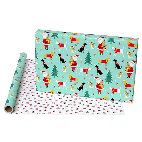 American Greetings Jumbo Reversible Christmas Wrapping Paper Roll, Puppy Dogs and Santa Paws Holiday Gift Wrap (175 sq. ft., 1 Extra Large Roll-30 in. x 70 ft.) Mint Green, Red, and White