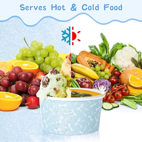 Image of Maxdot 60 Pcs 3 oz Paper Ice Cream Cup Disposable Dessert Western Cup Paper Yogurt Snack Bowl Bulk for Hot and Cold Food Ice Cream or Mousse for Birthday Valentine Party Supplies(Blue,Bow Knot)