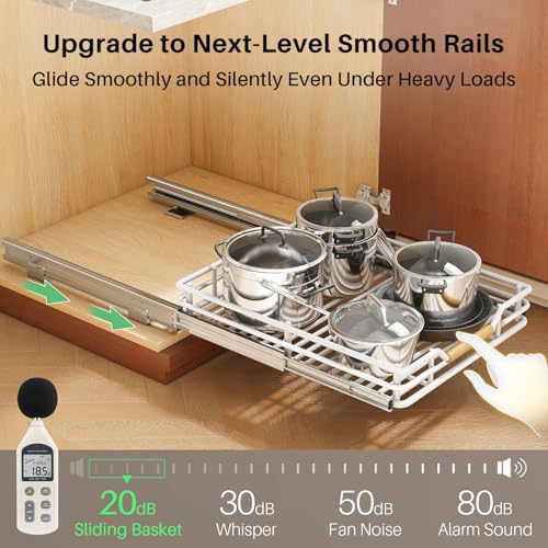 Image of Pull out Cabinet Organizer, 15 inchW X 21 inchD, Heavy Duty Smooth Sliding Under Cabinet Shelves for Pots and Pans, Full-Extension Roll out Drawers, Slide out Organization for Home Kitchen Pantry, White