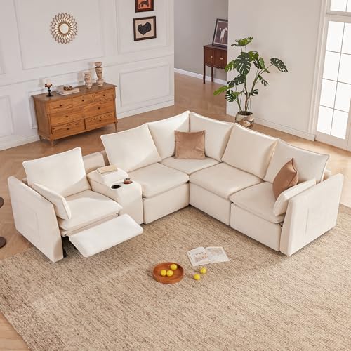 Image of 5-Seater Power Reclining Sectional Sofa Set with Storage Console, Wall-Hugger Recliner Sectional Couch with Cup Holders, Reclining Sectional Couch for Living Room (Chenille, Beige)