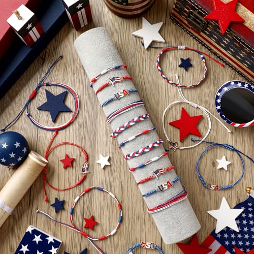 Image of 24 Pcs 4th of July Bracelets Red White and Blue Bracelets Patriotic USA American Flag String Woven Wristband Bulk 4th of July Party Favors for 250th Anniversary Independence Day Parade Supplies