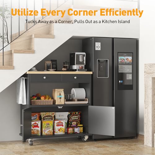 knoworld Rolling Kitchen Island with Storage Cabinet, 35.4'' Width Kitchen Cart, 2 Drawers Island Table, Portable Mobile Kitchen Island with Towel Rack, Wood Top and Lockable Wheels, Black