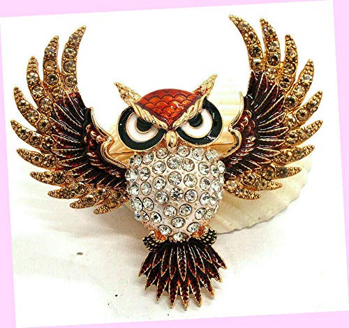 Big Wonderful Wise Wings Owl Rhinestone Vintage Inspired Pendant Brooch