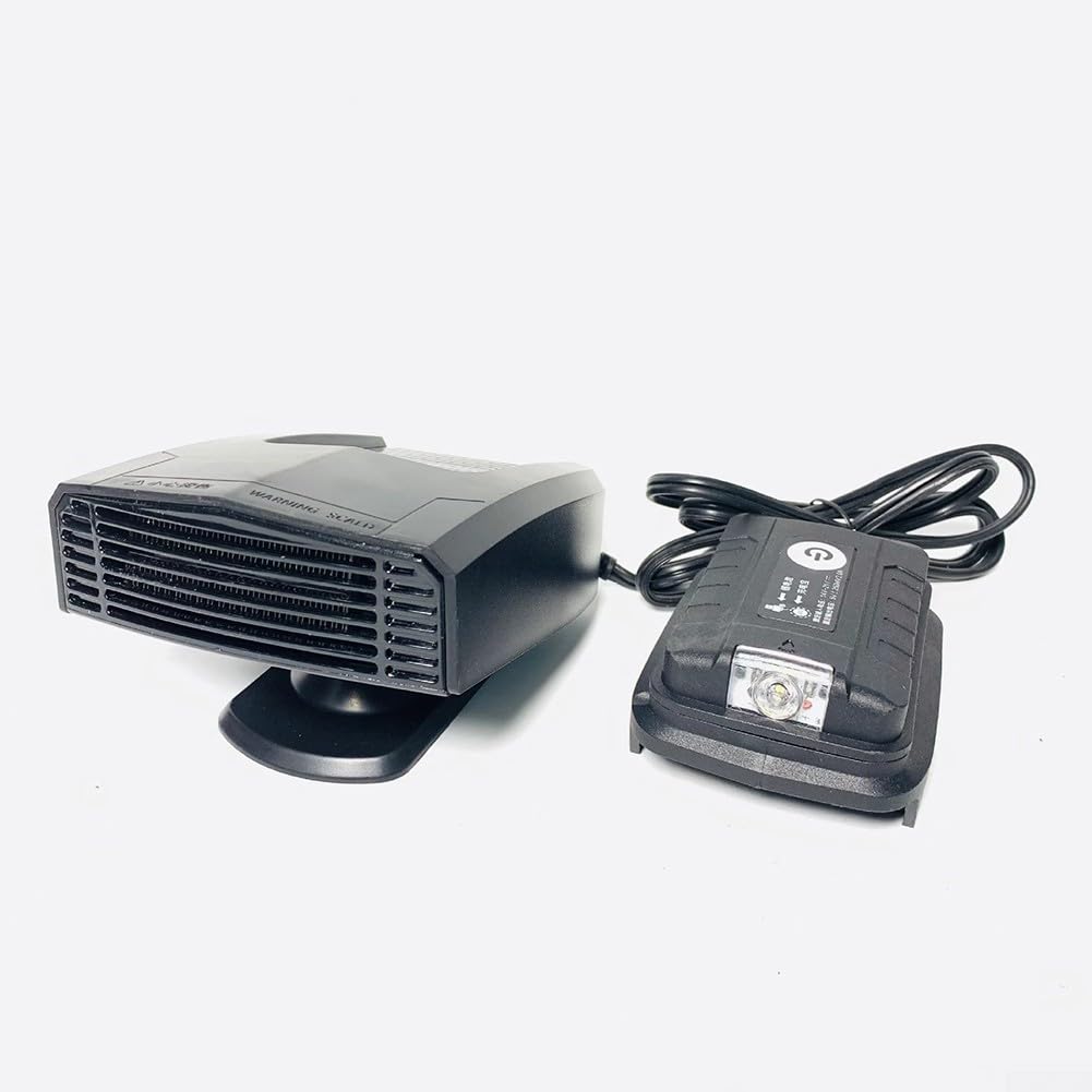 Przenośny grzejnik postojowy i wentylator rozmrażania, ogrzewanie samochodowe z dwoma portami USB, adapter obracany o 360 stopni, nadaje się do akumulatora 18 V DC 14-21 V (czarny)