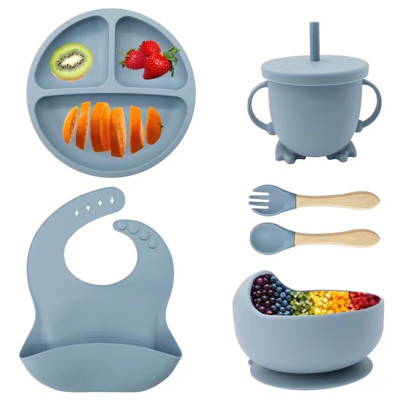 Eliano 6-teiliges Silikon-Baby-Set – rutschfester Teller, Schüssel, Becher mit Strohhalm, Gabel, Löffel, Lätzchen – spülmaschinenfest, BPA-frei, Mikrowellengeeignet – Für Kinder ab 6 Monaten