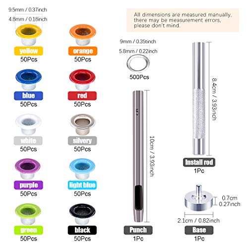 Rustark 500 Sets Grommet Kit 3/16 Inch Grommet Setting Tool Metal Eyelets Set With 4 Pieces Install Tool Kit In Storage Box For Clothes Shoes Bag Paper Leather Crafts Diy Projects (10 Colors) #TOP1