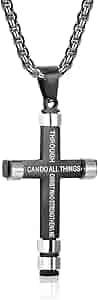 Philippians 4:13 Cross Necklace - I Can Do All Things Bible Verse Stainless Steel Pendant